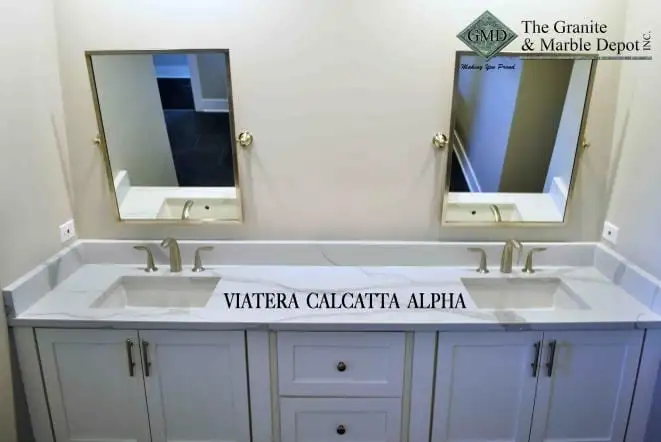 Viatera Calacatta Alpha quartz double vanity top on white cabinets