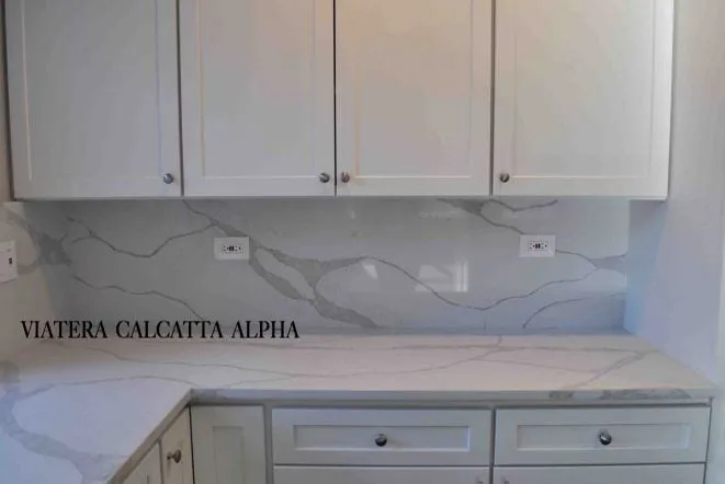 Viatera Calacatta Alpha quartz counter with a matching full-height quartz backsplash